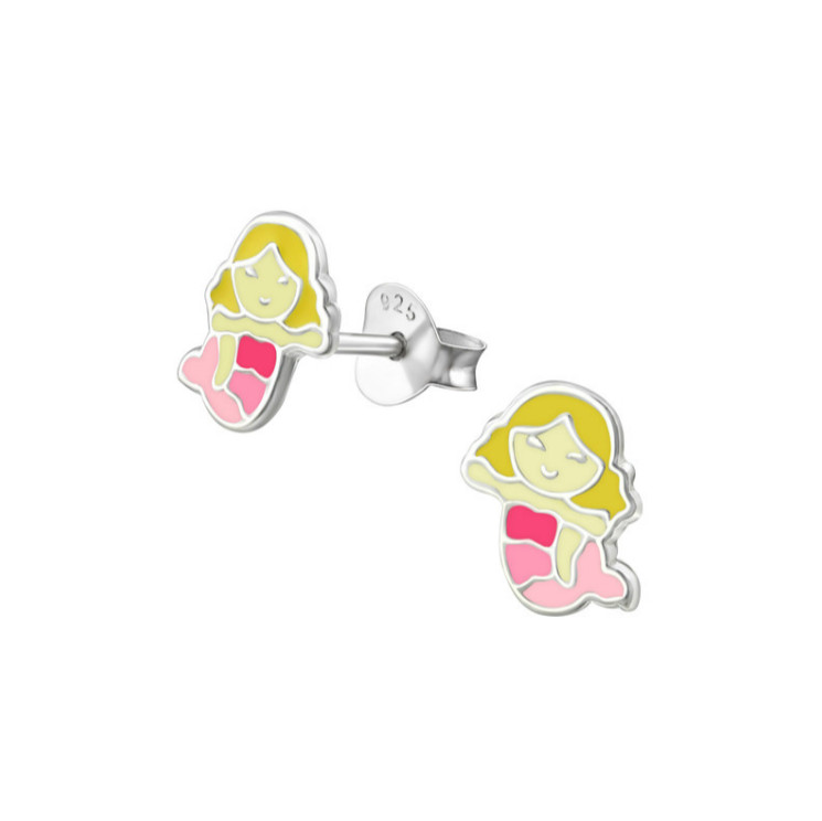 Children's Earrings:  Sterling Silver Pink and Yellow Mermaids