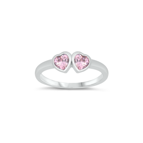 Children's Rings:  Sterling Silver Double Heart Pink CZ Size 2