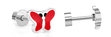 Baby and Children's Earrings:  Surgical Steel Red Enamelled Butterflies with Screw Backs