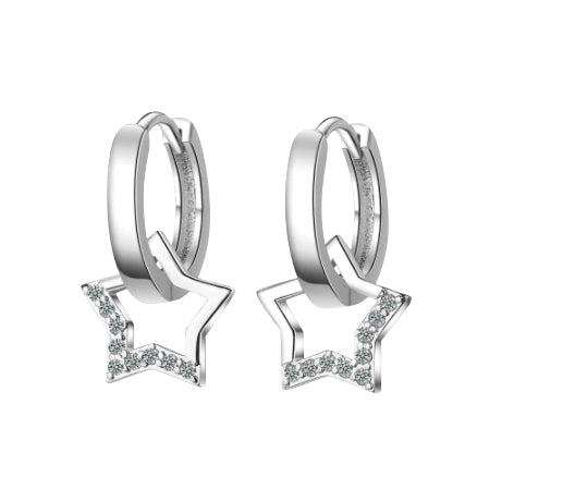 Children's, Teens' and Mothers' Earrings:  Sterling Silver Hoops with Floating CZ Stars