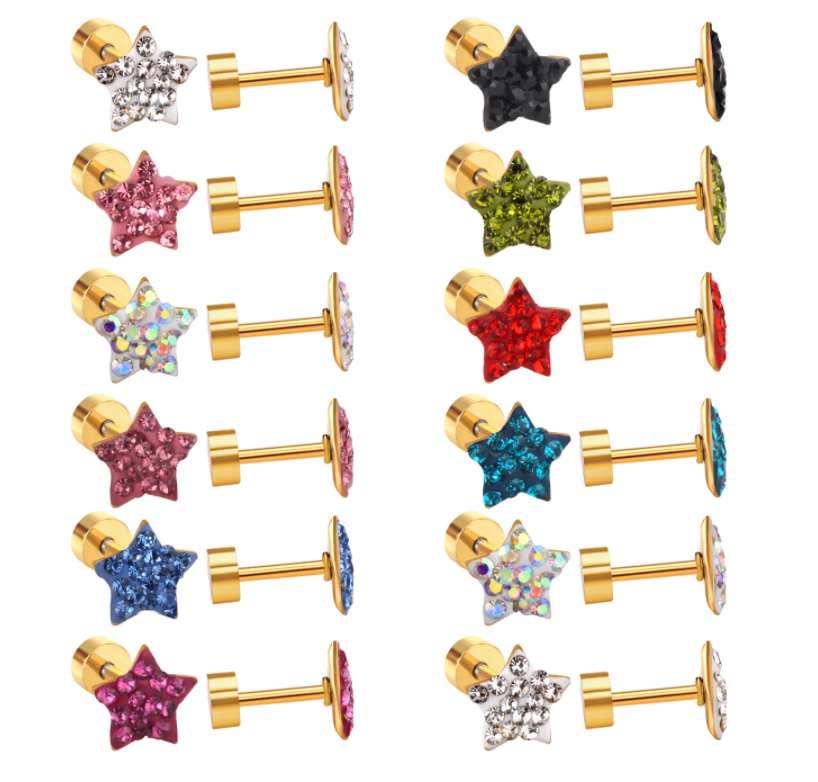 Children's Earrings:  Surgical Steel, Gold IP, Clear CZ Star Screw Back Earrings