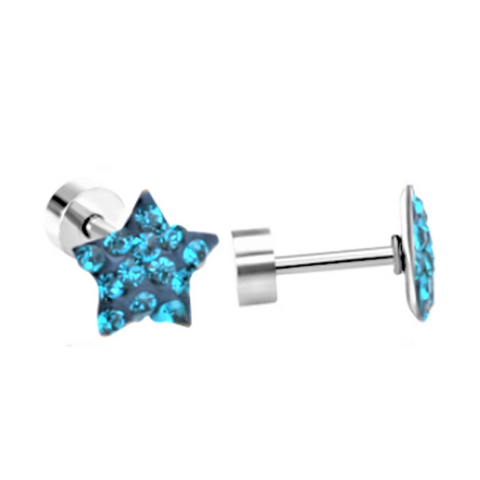 Children's Earrings:  Surgical Steel, Aqua CZ Star Screw Back Earrings