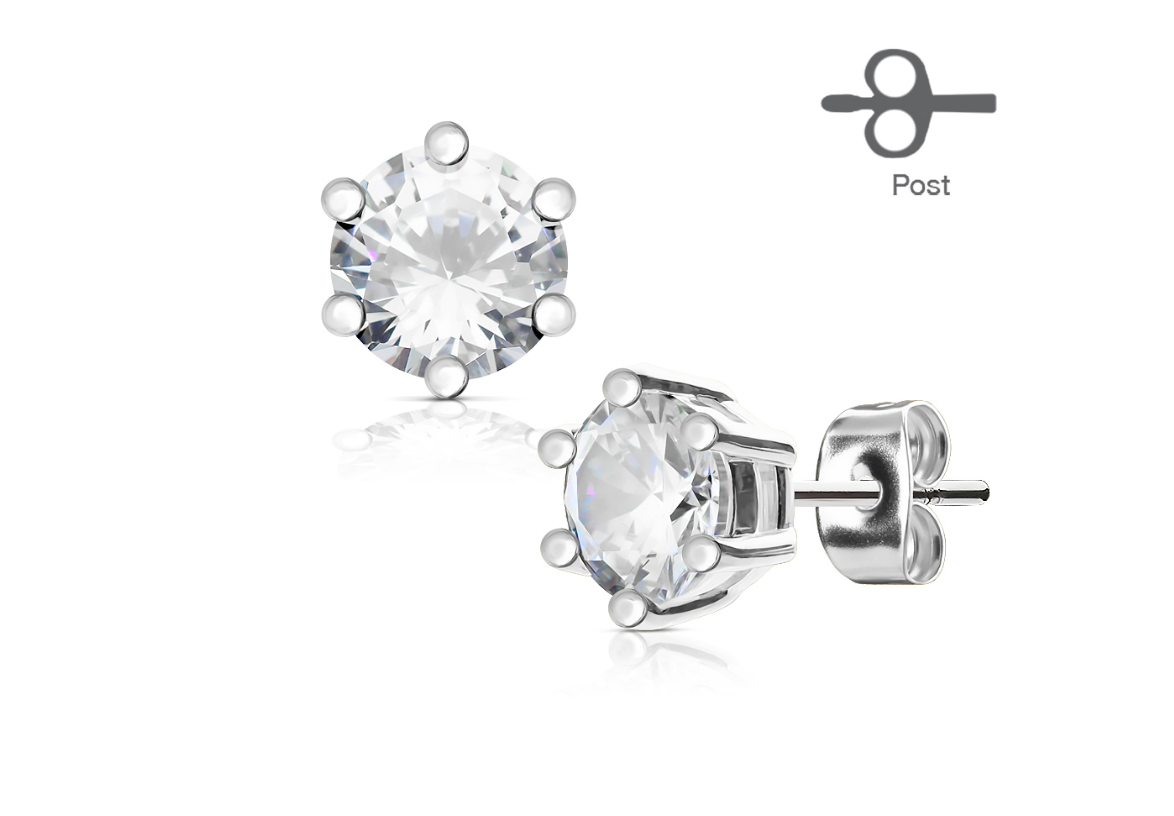 Children's, Teens' and Mothers' Earrings:  Surgical Steel 6 Prong, Clear CZ Studs 4mm