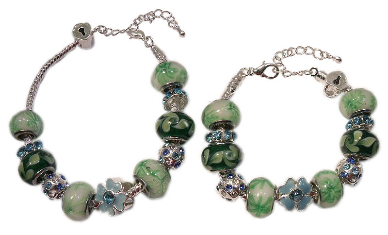 Mothers' Bracelets:   European Style Bracelets with Blue, Green and White Lampwork Beads