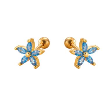 Children's Earrings:  Surgical Steel, Gold IP, with Blue AAA CZ Flowers Reversible Screw Backs