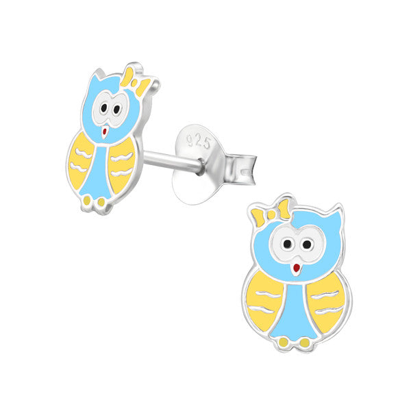 Children's Earrings:  Sterling Silver Yellow and Blue Owls