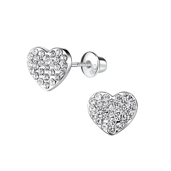 Children's and Teens' Earrings:  Sterling Silver, CZ Encrusted Hearts with Screw Backs