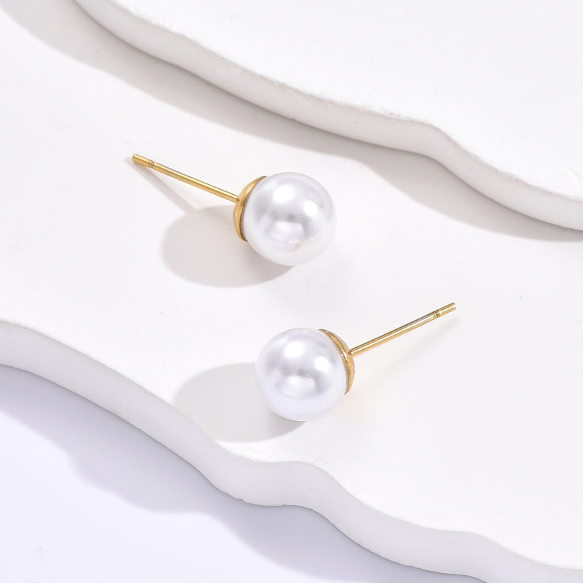 Mothers' Earrings:  Steel with Gold IP, Faux Pearl Earrings 8mm