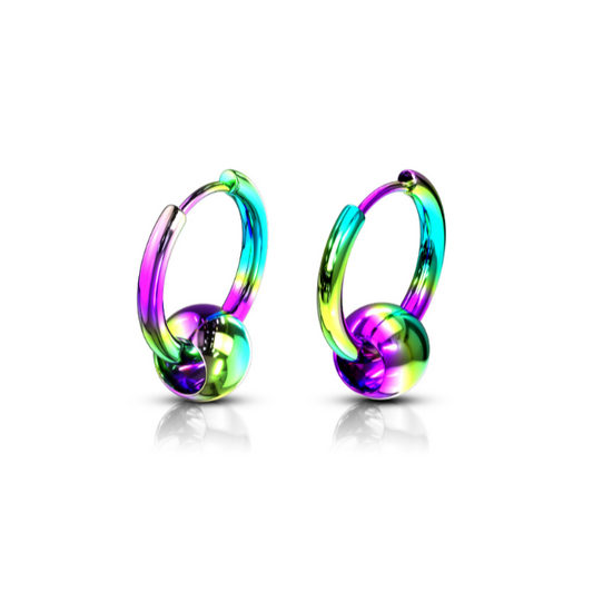 Children's, Teens' and Mothers' Earrings:  Anodised, Rainbow Surgical Steel Hoops with Floating Ball