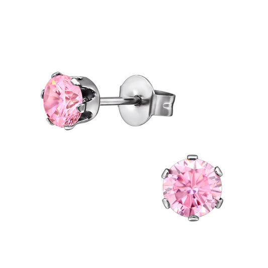 Children's Earrings:  Surgical Steel  6 Prong Pink CZ Studs 4mm