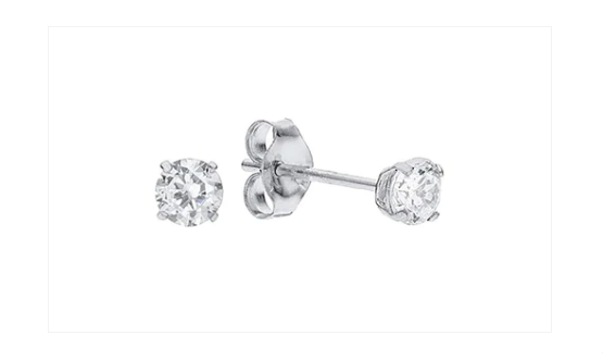 Baby Earrings:  14k White Gold Clear, 4 Prong 3mm Solitaire CZ with Push Backs with Gift Box