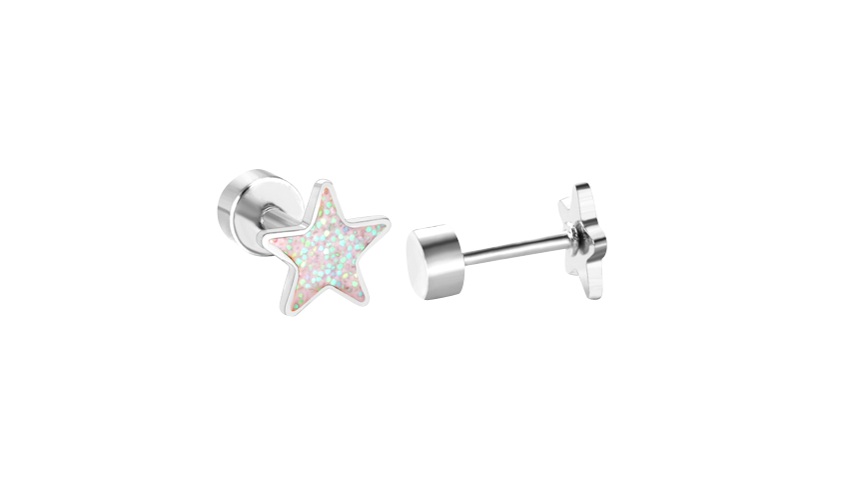 Children's Earrings:  Surgical Steel Glitter Stars with Screw Backs - White Glitter