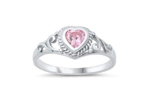 Children's Rings:  Sterling Silver Baby Pink CZ Heart Ring Size 3