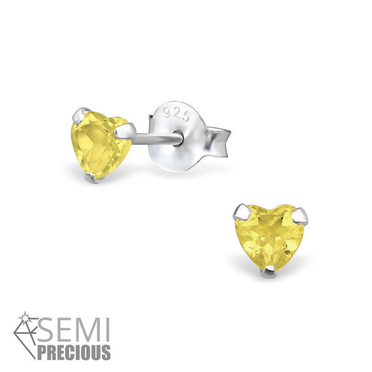 Baby Earrings:  Sterling Silver November Birthstone (Citrine) Heart Studs 4mm