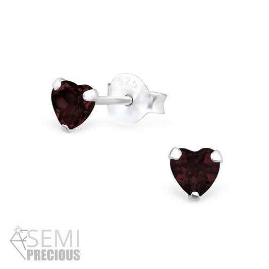 Baby and Children's Earrings:  Sterling Silver January Birthstone (Garnet) Heart Studs 4mm