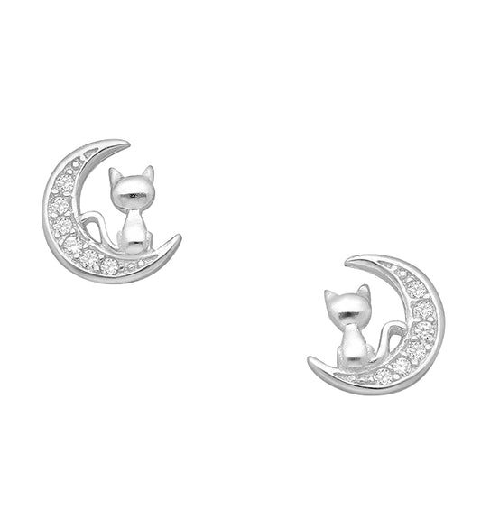 Children's Earrings:  Sterling Silver Cat On Moon Earrings with CZ