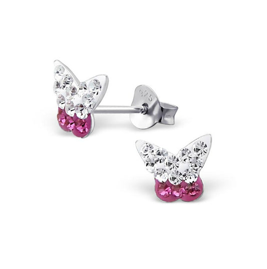 Baby and Children's Earrings:  Sterling silver, Pink and White Crystal Butterfly Earrings