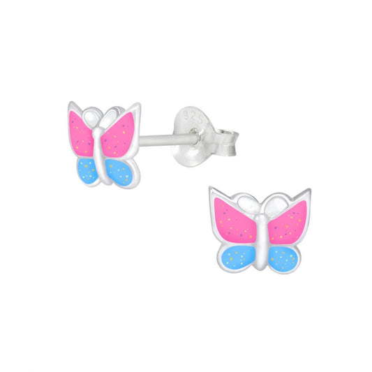 Children's Earrings:  Sterling Silver Pink/Blue Glittery Butterflies with Push Backs