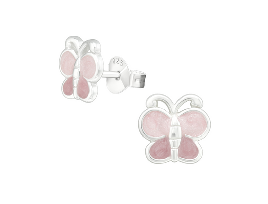 Children's Earrings:  Sterling Silver Two Tone Pink Shimmer Premium Enamelled Butterflies