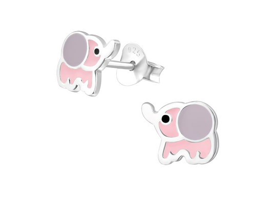 Children's Earrings:  Sterling Silver Pink and Grey Shimmer Premium Enamelled Elephants